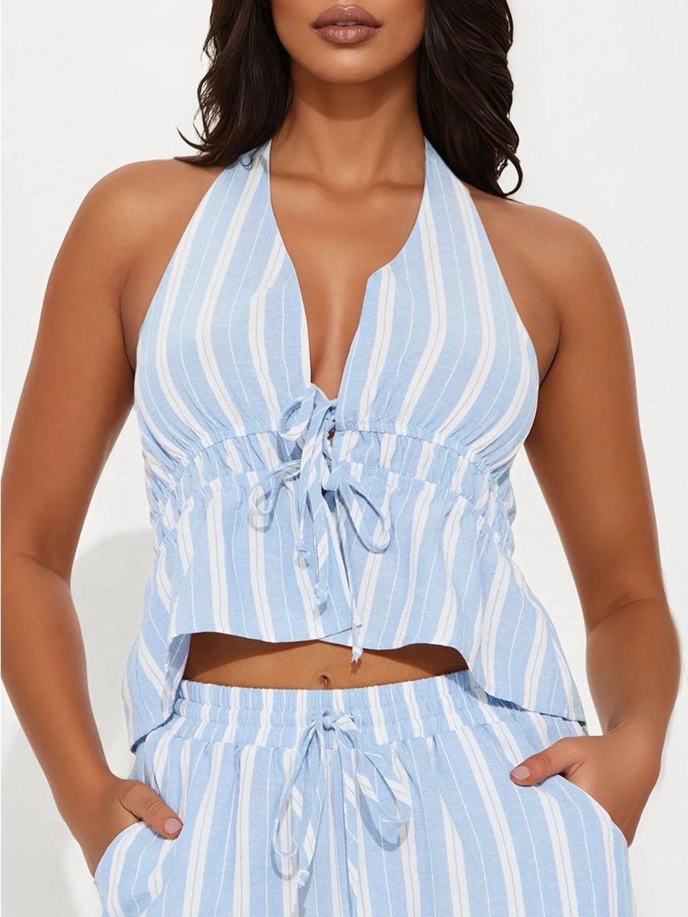 Light Blue & White Striped Halter Tie-Front Top With Matching Shorts - Set